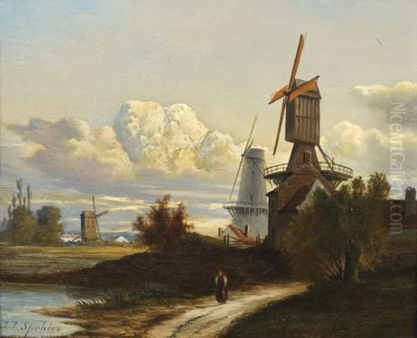 Les Moulins En Hollande Oil Painting by Jan Jacob Coenraad Spohler