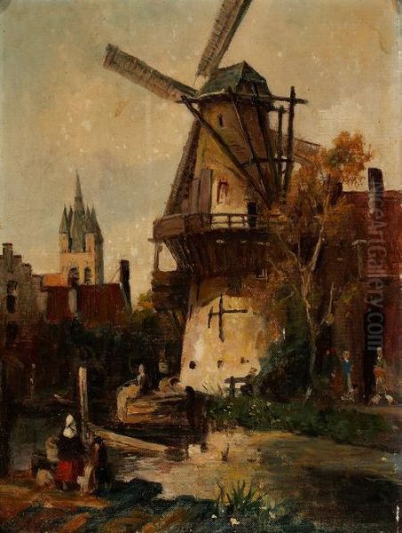 Townscape With Windmill Oil Painting by Jan Jacob Coenraad Spohler