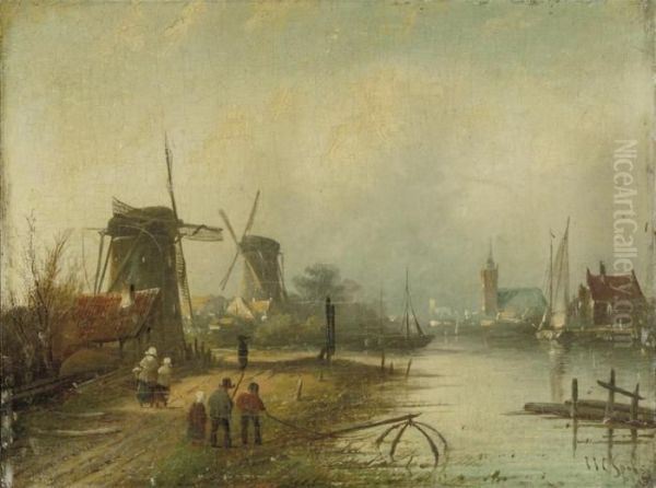 Wind Mills In A River Landscape Oil Painting by Jan Jacob Coenraad Spohler