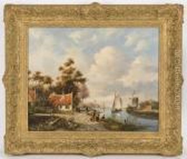 A Summer River Landscape With Windmill In Background Oil Painting by Jan Jacob Coenraad Spohler