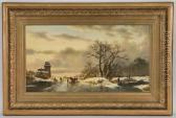 A Wintery Landscape Oil Painting by Jan Jacob Coenraad Spohler