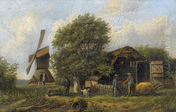 Windmuhle Bei Gehoft Mit Figurenstaffage. Oil Painting by Jan Jacob Coenraad Spohler