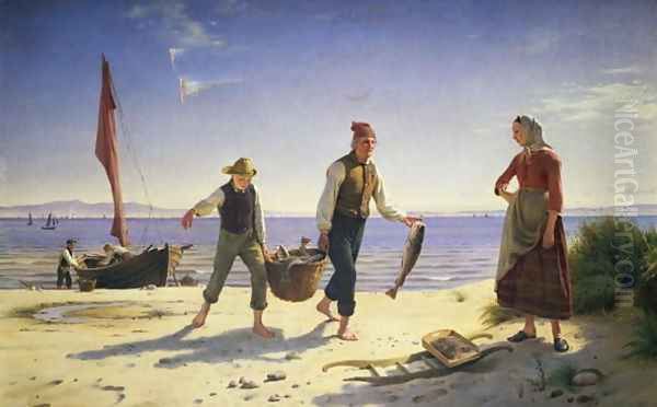 Landing the catch, Hornhaek beach, 1858 Oil Painting by Herman Carl Siegumfeldt