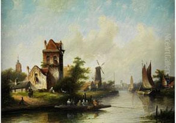 Kanallandschaft Mit Einem Fahrschiff, Turm Und Windmuhle Oil Painting by Jan Jacob Coenraad Spohler