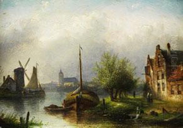 Uferlandscahft Mit Anlegenden Segelschiffen Oil Painting by Jan Jacob Coenraad Spohler