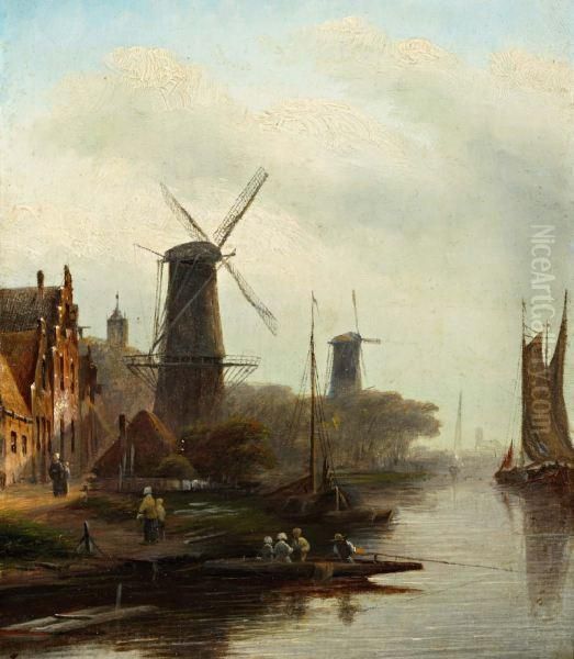 Hollandse Stadje Aan Het Water Oil Painting by Jan Jacob Coenraad Spohler