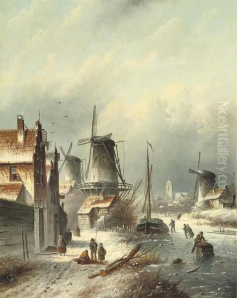 Winter In A Small Town With Windmills Oil Painting by Jan Jacob Coenraad Spohler