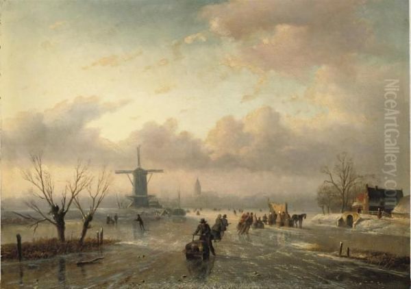 Skating On The Ice Oil Painting by Jan Jacob Coenraad Spohler