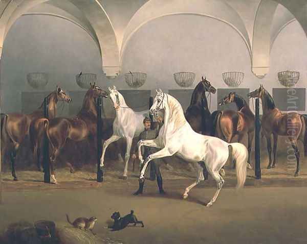 The Stables at Babolna, 1849 Oil Painting by Otto Stotz