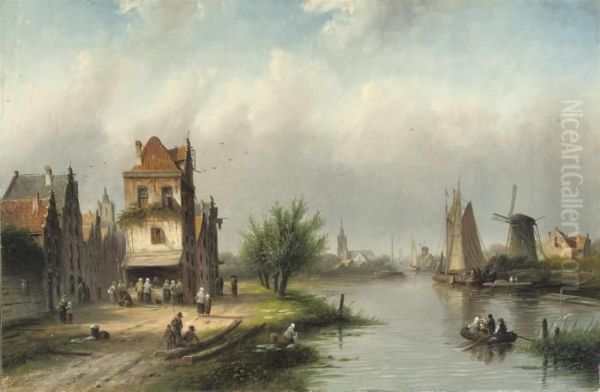 A Riverside Town In Summer Oil Painting by Jan Jacob Coenraad Spohler