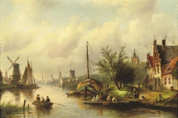 A Ferry In A Riverside Town In Summer Oil Painting by Jan Jacob Coenraad Spohler