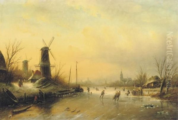 Skaters On The Ice With A City Beyond Oil Painting by Jan Jacob Coenraad Spohler