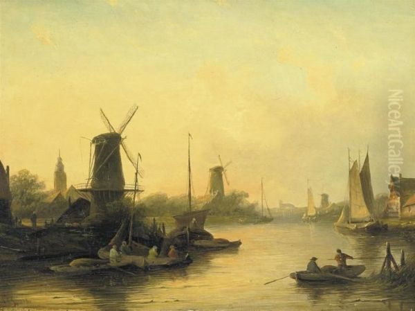 Sunset Over A Dutch Waterway Oil Painting by Jan Jacob Coenraad Spohler