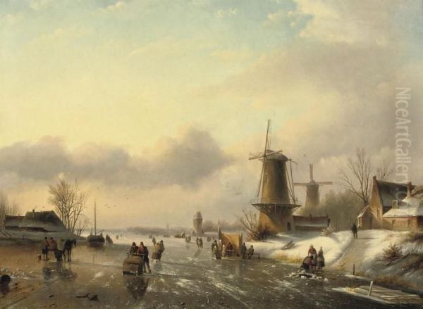 Figures On The Ice Near A Windmill Oil Painting by Jan Jacob Coenraad Spohler