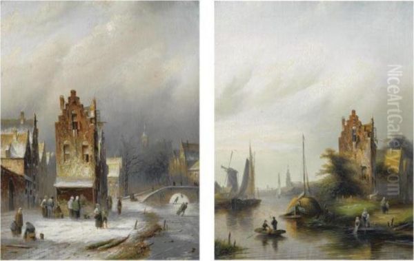 Figures In A Wintry Dutch Town; A River Scene With Washerwomen (apair) Oil Painting by Jan Jacob Coenraad Spohler