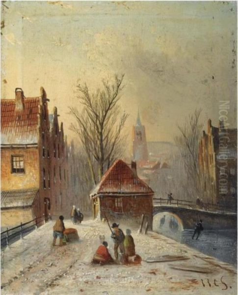 A View Of A Wintry Dutch Town Oil Painting by Jan Jacob Coenraad Spohler