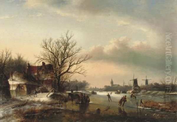 A Winter's Day With Skaters On The Ice And Windmills In Thedistance Oil Painting by Jan Jacob Coenraad Spohler