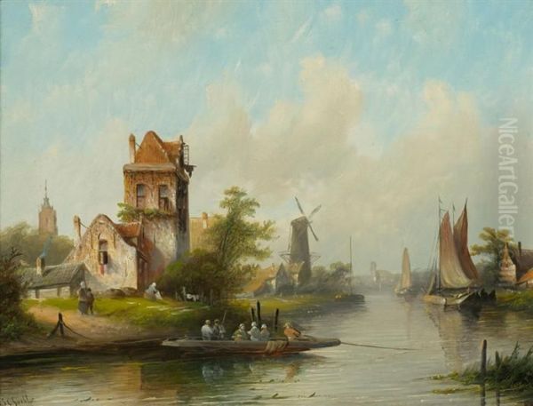 River Landscape With Ships And Cottages Oil Painting by Jan Jacob Coenraad Spohler