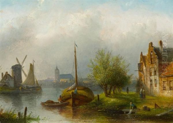 Summer Landscape With Ships At The Shore, A Windmill And A Churchin The Background Oil Painting by Jan Jacob Coenraad Spohler