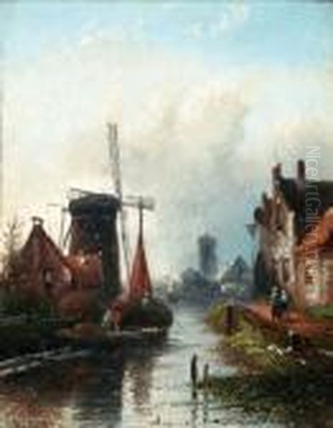 Stadje Met Hooischuit Aan Dewaterkant Oil Painting by Jan Jacob Coenraad Spohler