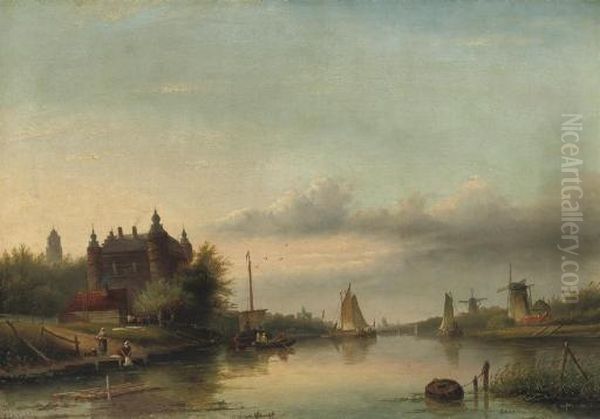 A Dutch River Landscape With A Castle By The Water-front Oil Painting by Jan Jacob Coenraad Spohler