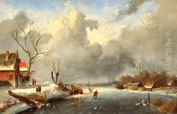 Ice Skaters On A Frozenriver Oil Painting by Jan Jacob Coenraad Spohler