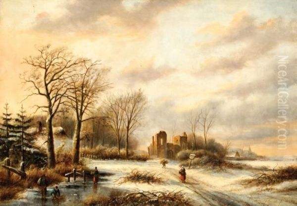 Winter Lanscape With Figureson The Ice And A Ruin In The Background Oil Painting by Jan Jacob Coenraad Spohler