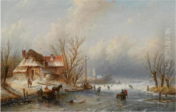 Skaters On A Frozen Waterway Oil Painting by Jan Jacob Coenraad Spohler