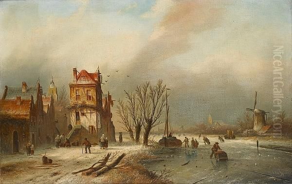 Dutch Winter Scene With Figures Skating On A River Oil Painting by Jan Jacob Coenraad Spohler