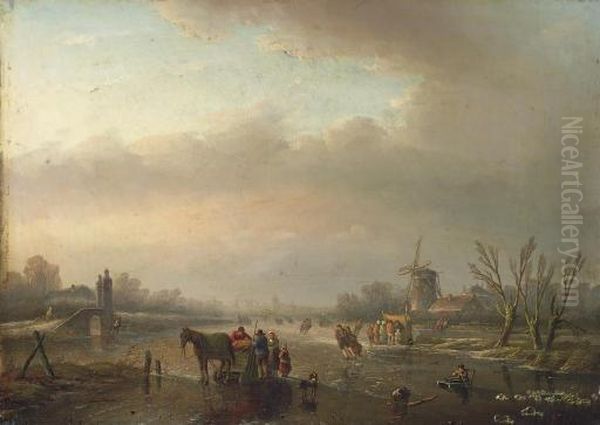 Skaters On A Frozen Canal Oil Painting by Jan Jacob Coenraad Spohler