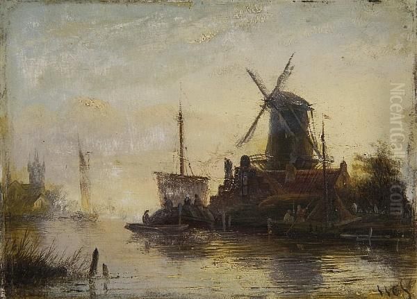 River Scene With Windmill And Barges Oil Painting by Jan Jacob Coenraad Spohler