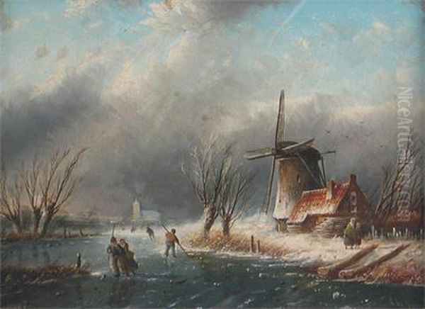 Figures On A Frozen Lake By A Windmill Oil Painting by Jan Jacob Coenraad Spohler