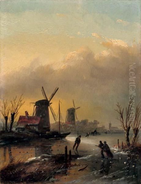 Skating At Sunset Oil Painting by Jan Jacob Coenraad Spohler