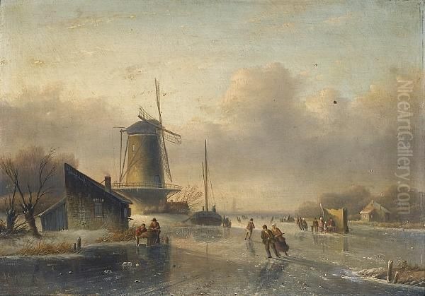 Figures Skating On A Frozen River Oil Painting by Jan Jacob Coenraad Spohler