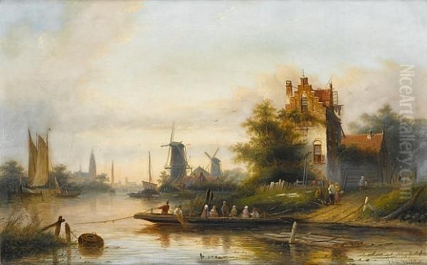 The Ferry For Haarlem Oil Painting by Jan Jacob Coenraad Spohler