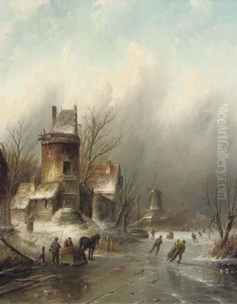 Skating On The Buiksloot Near Amsterdam Oil Painting by Jan Jacob Coenraad Spohler