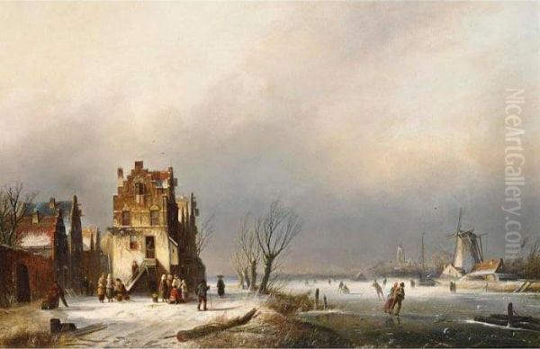 Winter Landscape With Skaters Near A Village by Jan Jacob Coenraad Spohler