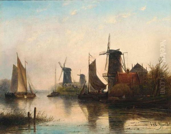 Windmills In A Summer Landscape Oil Painting by Jan Jacob Coenraad Spohler