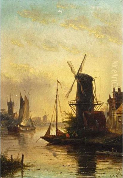 A Summer Landscape With A Windmill At Sunset Oil Painting by Jan Jacob Coenraad Spohler