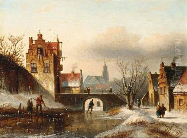 Figures On A Frozen Canal In A Dutch Town Oil Painting by Jan Jacob Coenraad Spohler