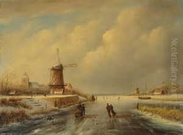 Winterliche Kanallandschaft Mit Eislaufern. Oil Painting by Jan Jacob Coenraad Spohler