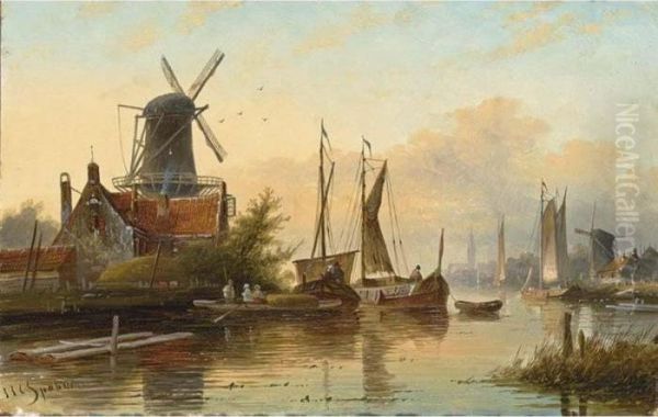 Shipping Near A Town Oil Painting by Jan Jacob Coenraad Spohler