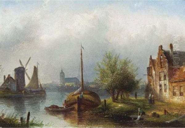 A Summer Landscape With Figures By A River Oil Painting by Jan Jacob Coenraad Spohler