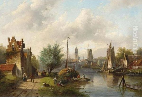 Figures On The Waterfront, A Windmill In The Distance Oil Painting by Jan Jacob Coenraad Spohler