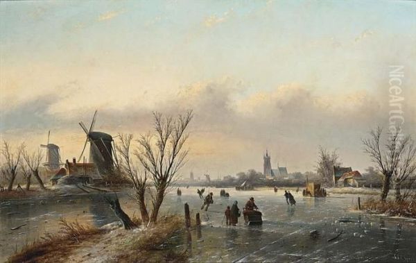 Winter Landscape With Figures Near A Koek En Zopie Oil Painting by Jan Jacob Coenraad Spohler