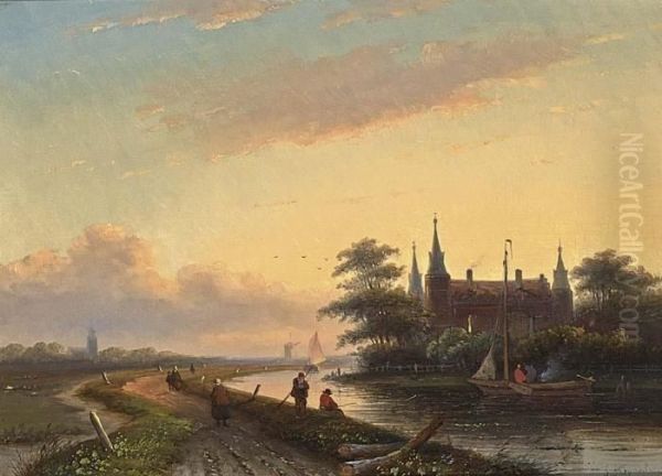 Anglers In A River Landscape Oil Painting by Jan Jacob Coenraad Spohler