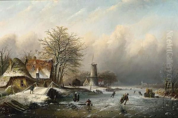 Winter Landscape With Figures On The Ice Oil Painting by Jan Jacob Coenraad Spohler