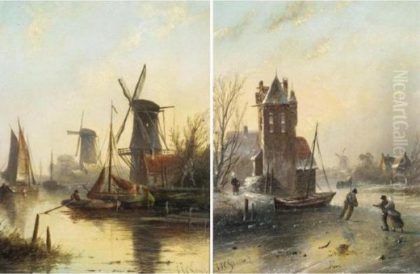 Skaters On A Frozen River; Sail Barges At Dusk Oil Painting by Jan Jacob Coenraad Spohler