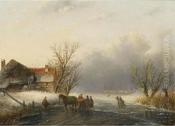 A Winter Landscape With A Horse-sledge On The Ice Oil Painting by Jan Jacob Coenraad Spohler