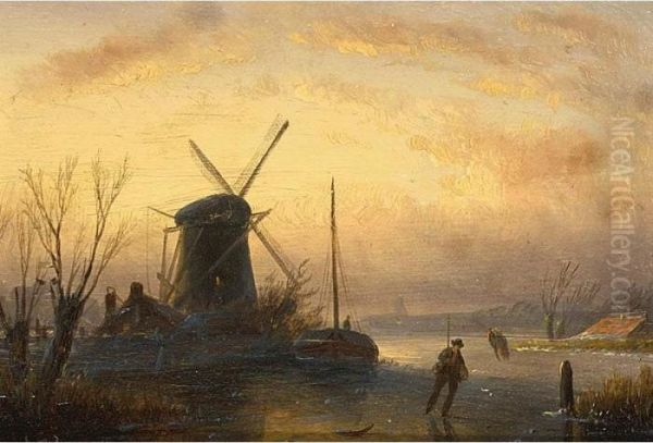 A Winter Landscape With Skaters Near A Windmill Oil Painting by Jan Jacob Coenraad Spohler